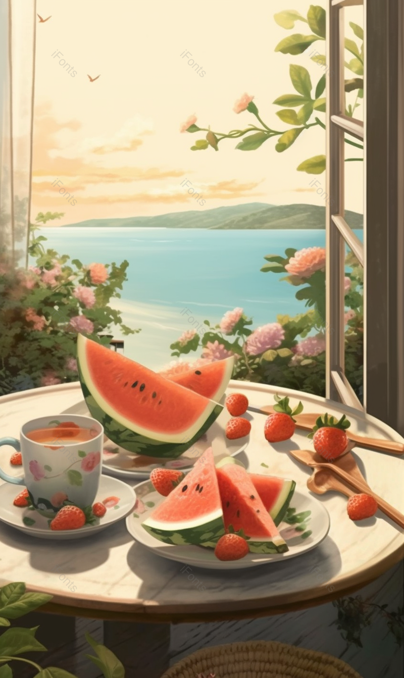 蓝色夏季海边喝奶茶吃西瓜室外美景插画背景,插画/手绘图,插画/手绘图库,插画/手绘图下载,插画/手绘